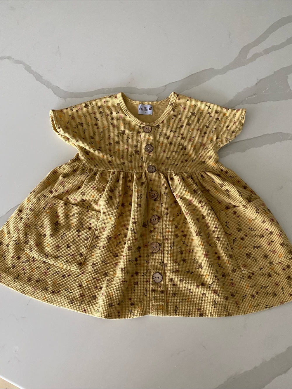 Little Wedgies mustard Yellow Floral waffle knit Button Front Dress Girls 2T